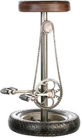 Casablanca Barhocker Wheel Eisen/Ziegenleder schwarz/braun Antikfinish auf Reifenbasis mit Pedalen und Kette Sitzfläche mit Ziegenlederbezug H: 76 cm Ø 42 cm 84054