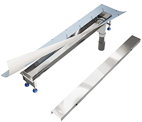 Aquabad Duschrinne SDS Premium aus poliertem V2A Edelstahl, Länge 70 cm, senkrechter Abgang Seite, Ablfussrinne mit Blende: Bord, Siphon und Haarsieb