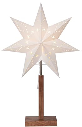 EGLO Tischlampe mit Weihnachtsstern, Dekostern beleuchtet aus Papier mit Holz-Sockel, 3D Fenster-Leuchtstern stehend in weiß mit Kabel, E14