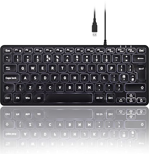 perixx PERIBOARD-332 Backlit Keyboard, Mini Wired USB with Large Font Keys, Adjustable Brightness, Slim Profile, White LED, UK QWERTY