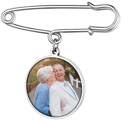 Custom4U Personalisierte Rund Foto-Brosche Silber Memorial Anhänger Brautstrauß mit Bild Edelstahl Broschen Anstecker DIY Brosche Schmuck Zubehör Silber für Damen Frauen