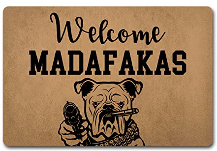 Lustige Willkommens-Fußmatte für Eingangsbereich, Veranda-Matte, Willkommens-Madafakas, personalisierte Küchenmatte mit rutschfester Gummi-Rückseite, Geschenkmatte (23.7x40.4 cm)