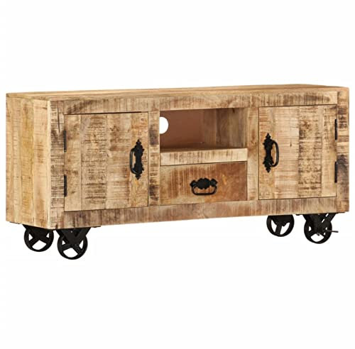 Tidyard Mesa para TV con 4 Ruedas Mueble TV Salón Vintage Mesa Televisión Mueble Comedor Soporte de TV Auxiliar Aparador Estilo Industrial y Retro Madera Maciza de Mango Rugosa 110x30x50 cm