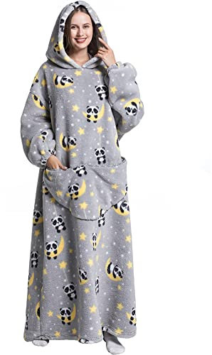 Kuscheldecke mit Ärmeln Oversized Pullover Damen Riesige Fronttasche Plüsch Tragbare Decke Verlängert Decken Hoodie Warme Schlafanzug Hausanzug Deckenpullover für Camping(Einheitsgröße,Panda)