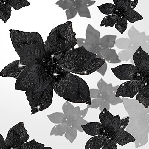 WILLBOND 36 Stück 3 Größe Weihnachten Glitzer Weihnachtsstern Hochzeit Kunstblumen Weihnachtsschmuck Ornamente für Weihnachtsbaum Neujahr Haus Draussen Dekoration (Schwarz, 3/4/ 6 Zoll)