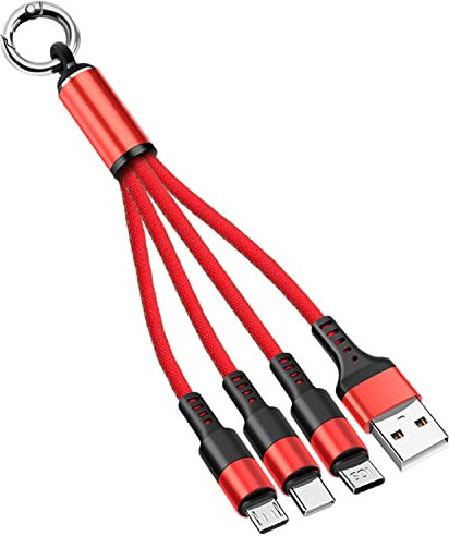 Zigmoon hair AOYIY Multi USB Charger Cable 15CM, 3-in-1 Short Fast Charging Cable Keychain with iP/Micro/USB Type C Connector for Cell Phones, Tablets and More (Red)