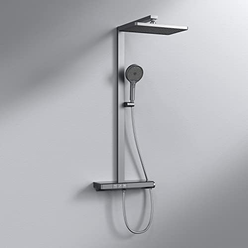 EMKE Colonne de douche Thermostat Ensemble de colonne de douche avec plaque thermostatique de 40 cm, tige de douche, douchette à main avec 4 mode, douchette à effet pluie, bec verseur, Gris métal