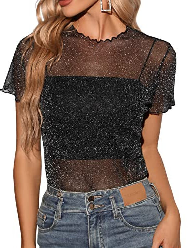 Niwicee Womens Mesh Tops Sexy Long Sleeves Sheer Mesh Shirt Fisnet Hollow Top Ladies Crew Neck Slim Fit Blouses T-Shirt Transparent Tunic Black Clubwear Shirts Tee S-XL(G,L)