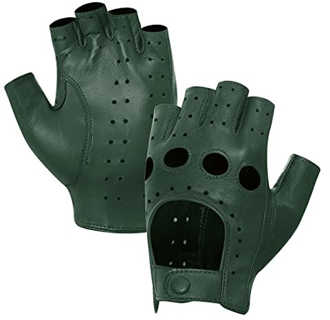 Harssidanzar Damen Lammfell Leder Fingerlose Handschuhe Ungefüttert Half Finger Driving GL012,Jägergrün,Größe XL