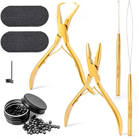 FOSHIO Haarverlaengerung Werkzeug Microring Extensions Set mit 200 Schwarz Microringe 2 Stück Microring Zange 2 Stück Microring Nadel 2 Stück Haarflicken Golden