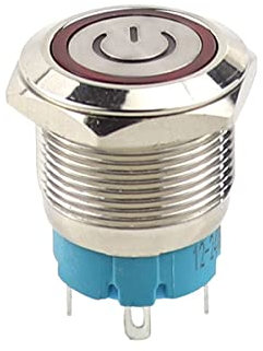 Boxonly Interrupteur à bouton-poussoir en métal, 22 mm, 220 V, auto-bloquant, rond, étanche, avec symbole lumineux rouge, interrupteur d'alimentation autobloquant à 4 broches