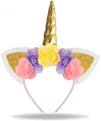 Hatstar Gold Einhorn Haarreif Stirnband | Unicorn Ohren Haarrband mit Blumen & Blüten | Haarschmuck Damen, Mädchen & Kinder | Kostüm Accessoires für Karneval & Fasching