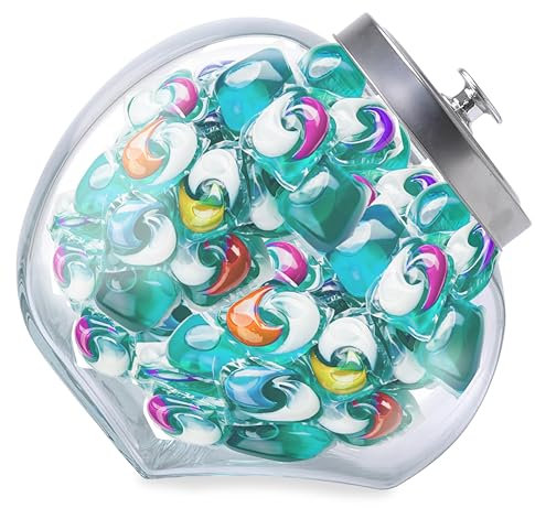 Skywin Glass Laundry Pod Container Angled Jar with Lid - Laundry Pod Storage Container for Laundry Room Organization Laundry & Dishwasher Pod Laundry Container (Clear)