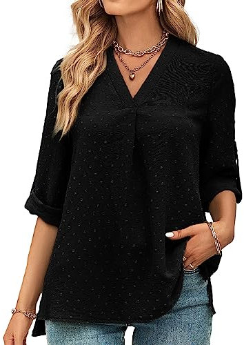 Tanmolo Bluse Damen 3/4 Ärmel mit V-Ausschnitt Elegant Oberteile Casual Swiss Dot Tops Tunika Schwarz, L