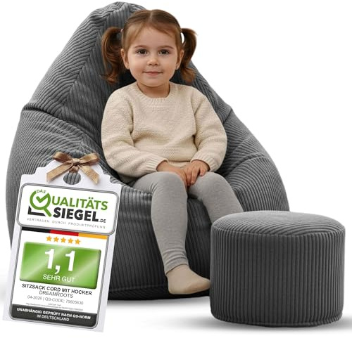 DreamRoots Sitzsack Kinder Cord 70x70x105 mit Hocker, Frost Gray | Bean Bag Chair mit Hocker, Lehne & Bezug, mit Füllung, Sitzkissen Boden, Kindersitzsack Kinderzimmer