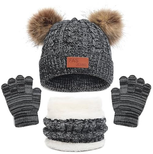 LINSOCLE 3in1 Kinder Wintermütze Schal Handschuhe Set, Strickmütze Babymütze Mütze Set, Jungen Warme Wintermütze Beanie Hut Handschuhe Runder Schal Set für 2-6 Jahre