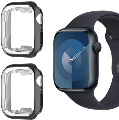 Niboow Cover [2 Pezzi] Compatibile con Apple Watch Series 9 45mm, Con Pellicola Protettiva, Protezione Ultra Sottile TPU Custodia, Morbida Custodiain per Apple Watch Series 9 45mm - Nero + Nero