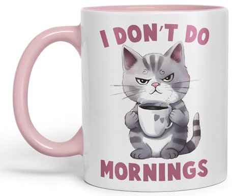 Vixar I Don't Do Mornings Cats Sarcastic Joke Ceramic Coloured Mug Cup for Tea Coffee Hot Brew 330ml 11oz (Pink)
