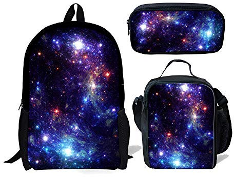 fifbird Galaxy Schultasche für Kinder, Schultasche, Büchertasche, Lunch-Tasche, Federmäppchen, 3 Stück