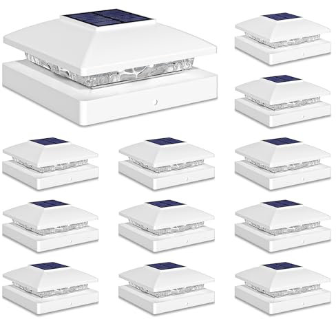 Solar Post Cap Lights Outdoor 12pack, White Waterproof Solar Powered Deck Fence Post Lights Fit 4x4 Wood/Vinyl Posts, Bright Warm White Solar Post Lights Decorate Deck, Patio, Porch, Fence