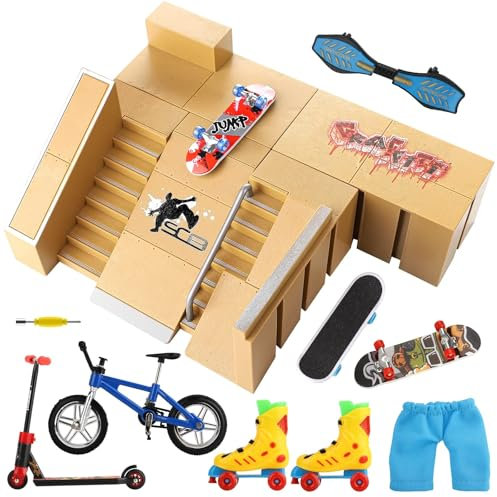 Waysroma Finger Skatepark Kit 14pcs Kit de Rampe Skateboard Finger Mini Fingerboards Ramp Set avec 4 Planches à roulettes, Patins, Trottinettes, Vélos, Pantalon de Doigt