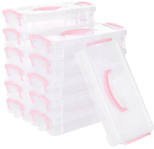 MAHIONG 12 PCS Plastic Storage Boxes with Handles, Stackable Pen Storage Organizer Box Pink Flat Small Storage Box with Lid Portable Craft Organizers for Art Craft Pencil Pen Drawing Tools