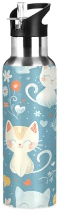 Niigeu Chats De Coeurs De Dessin Animé Mignon Bouteille d'eau Isotherme avec Paille en Acier Inoxydable Gourde, Sans BPA Gourdes Eau pour Enfant Sport Randonnée École Bureau (600ml/1L)