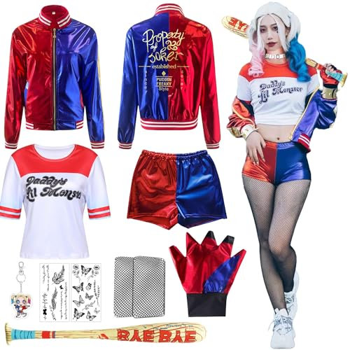YeahBoom Quinn Cosplay Kostüme,Mädchen Bösewicht Kostüm Kit enthalten Jacke T-Shirt,Shorts und Handschuh Ballon Stick,Strümpfe Bundlefor Karneval Cosplay