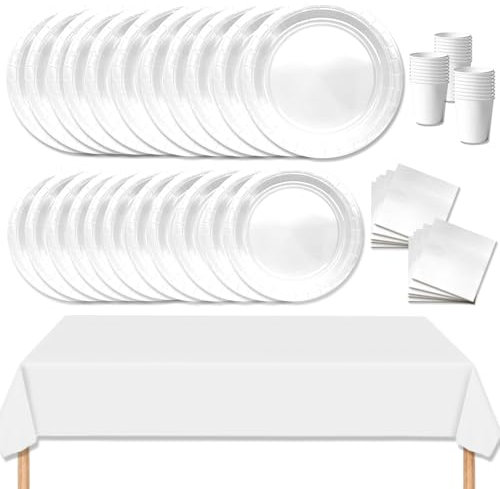 MORAINJAY Set di 69 Stoviglie Carta per feste,Blanc Stoviglie Party Set Include Piatti,Tovaglioli,Tazze,Tovaglia per Compleanno,Baby Shower,Ristorante e Matrimoni Tinta Unita Decor -16 Ospiti