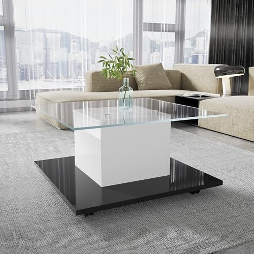 BXEYXE Mesa de centro de cristal brillante con ruedas giratorias