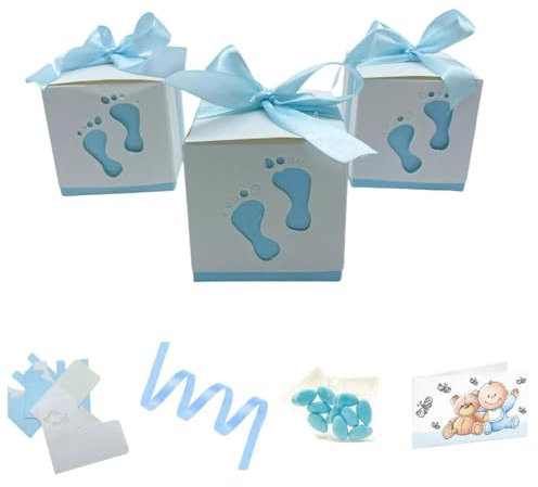 Ingrosso e Risparmio Bomboniere Nascita 20PZ Scatolina Cubo Portaconfetti di Colore Celeste con Piedini Neonato 20 Bigliettini Personalizzabili 20 Bustine di Confetti Celesti Cioccolato Gadget