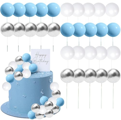 DIELOVEHUA 30 Stück Tortendeko Kugeln Cake Topper, Blau und Silber Schaumkugeln Cupcake Topper, Picks Cupcake Topper, für Hochzeit Party Babyparty Geburtstag Torte Dekorieren