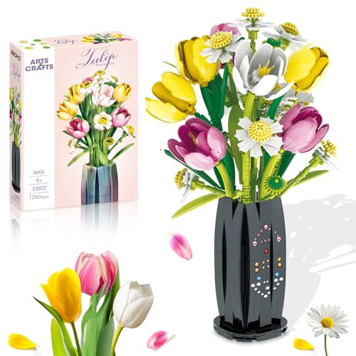 Costruzioni Fiori Costruire Mattoncini Kit Bouquet Floreale Costruzione Set e Piante Blocchi Blocco Tulipano 1250PCS Bouquet di Piante Fai da te Idea Regali per San Valentino Compleanni, con Vasi