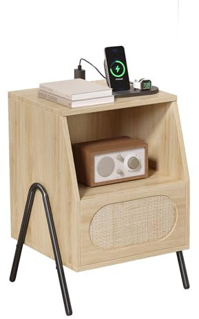 Bonnlo Nachttisch Rattan, Beistelltisch mit Ladefunktion, Holz Nachtschrank mit Schublade und Eichenregal, für Schlafzimmer, Wohnzimmer, 44 x 40 x 60 cm