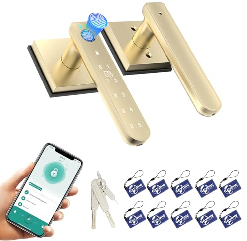 Gavdhe Gold Fingerprint Door Lock Smart Finger Print Door Knob Keyless Bedroom Door Lock with Keypad App Control Easy Installation for Home Bedroom Office,10 Fob Cards
