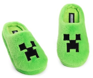Minecraft Creeper Green Mule Slippers | Fleece Indoor Lounge Footwear for Boys | Soft, Furry Finish | Gaming Slippers | Minecrafters Merchandise