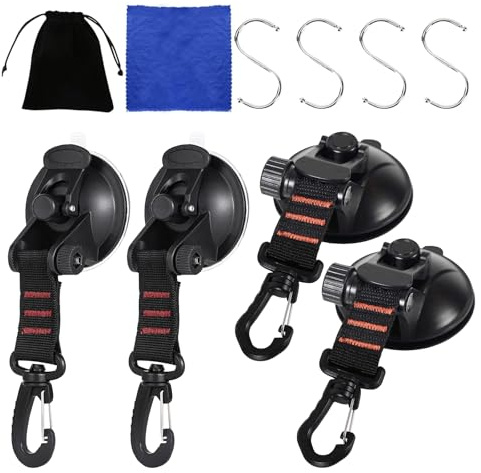 4 Stücke Saugnapf Haken HSYWSH Saughaken Extra Stark mit 360° Drehbarem D-Ring Gurthaken, Vakuum Camping Saugnapf Haken mit 4 S-Haken für Auto Camping Wohnmobil Zelt Sonnensegel Vordach