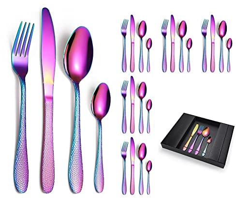 24-Piece Stainless Steel Flatware Cutlery Set, Silverware Set with Gift Box, Includes Knives/Forks/Spoons Mirror Polished Dishwasher Uses Safe (Rainbow Color)