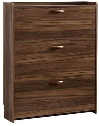 Rustikaler brauner freistehender Schuhschrank mit 3 Klappschubladen – schmales Aufbewahrungsregal für den Eingangsbereich, 85 x 24 x 110 cm, stilvoll für Heim- und Büroschuhe