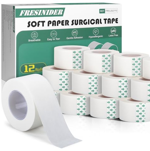 FRESINIDER Soft Paper Surgical Tape 12 Rolls, 1” x 10 Yards, Hypoallergenic Latex-Free Medical Tape for Sensitive Skin, Breathable Easy-Tear Surgical Tape for Wound Care, Bandage Fixation & First Aid