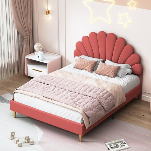 JYNVO Kinderbett 140x200 cm mit floralem Kopfteil, Burgunderrotes Polsterbett, Doppelbettrahmen aus Samt, Mädchenbett mit Lattenrost, Jugendbett, Schlafzimmerbett, Ohne Matratze