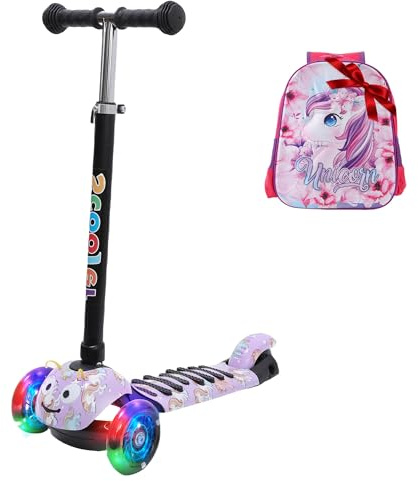 Habib Kinderroller Geschenkset – 3-Rad Scooter für Jungen & Mädchen 3-8 Jahre, mit leuchtendem 3D-LED-Rucksack, LED-Rädern, rutschfest & 4-Fach Höhenverstellung Max. 50 KG - Hellila
