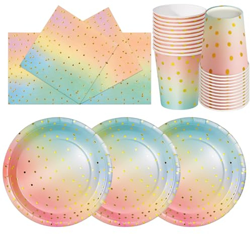 PYAILI 72PCS Rainbow Gold Party Tableware Set | Paper Plates Cups and Napkins, Party Supplies for Birthday, Wedding, Picnic, Table Decorations (24 Guests)