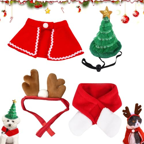 Weihnachten Katzenbekleidung, 4 Stück Haustier Weihnachten Kostüm Zubehör, Katzen Weihnachtsmütze Und Schal, lustige Geweihe, Weihnachtsmützen, Verstellbarer Umhang, Schal, für Hunde, Katzen
