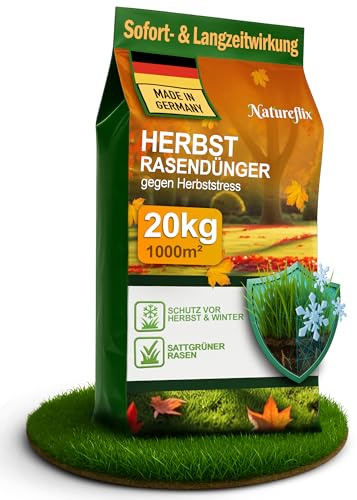 Natureflix Herbstdünger Rasen | Herbstrasendünger staubarm | mit Winterschutz | Körnung 2–5 mm | Rasendünger Herbst ist Kind- & tierfreundlich (Herbstdünger, 20kg für 1000m²)