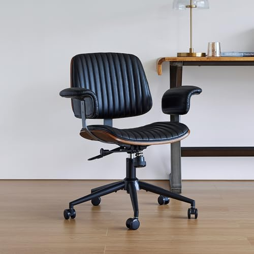 PELLEBAR Bürostuhl aus echtem Leder, moderner Chefsessel mit gepolsterten Armlehnen, handgenähten Details, um 360° drehbar, ergonomischer Arbeitsstuhl, Schwarz