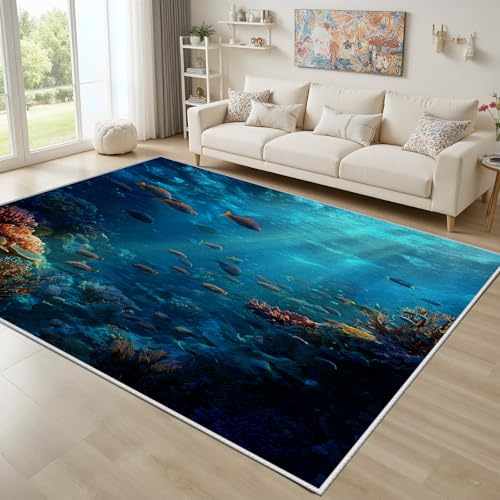 Dyjuaa Unterwasserwelt Waschbarer Teppich 200x280 cm, Fisch Koralle Carpet Wohnzimmer Anti Rutsch Große Teppiche Meer Thema Schlafzimmer Weich Kurzflor Teppich Matte Kinderteppich