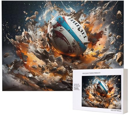 Rugby on Fire Wooden Picture Puzzle 500 Pieces - Horizontal Jigsaw, Family Leisure and Brain Challenge