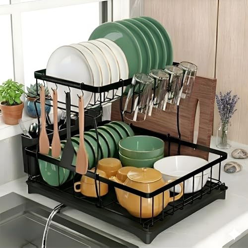 2 Tier Dish Drainer Rack Stainless Steel with Draining Board Drying Rack | Large Dishes Drying Rack Draining Board with Drip Tray Spatula Stand cutlery drainer for sink kitchen rack black dish drainer