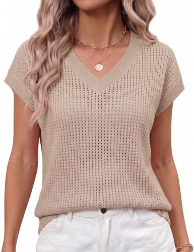 Gyabnw Womens V Neck T Shirt Short Sleeve Crochet Knit Loose Fit Top | Lightweight Openwork Texture, Drop Shoulder, Ribbed Trims, Solid Colour, Relaxed Basic for Everyday Summer Wear